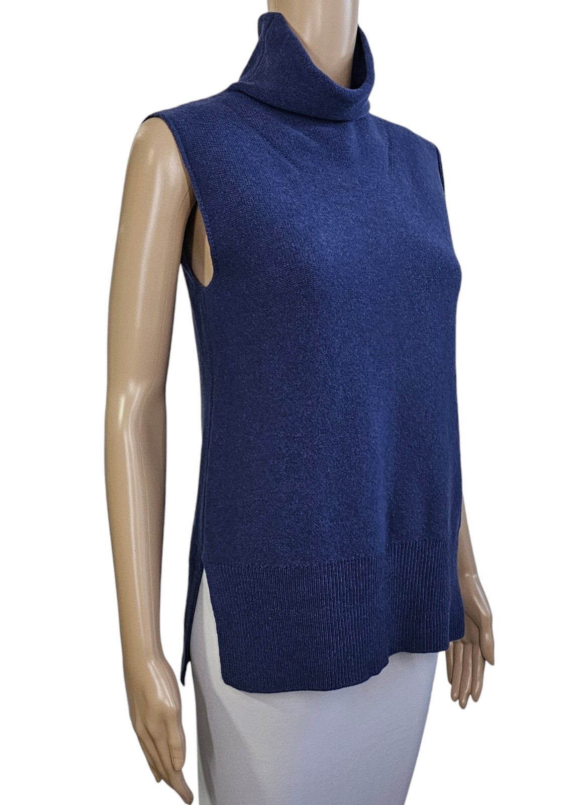 VINCE Blue Side Slit 100% Cashmere Sleeveless Turtleneck Sweater in Ink S $320