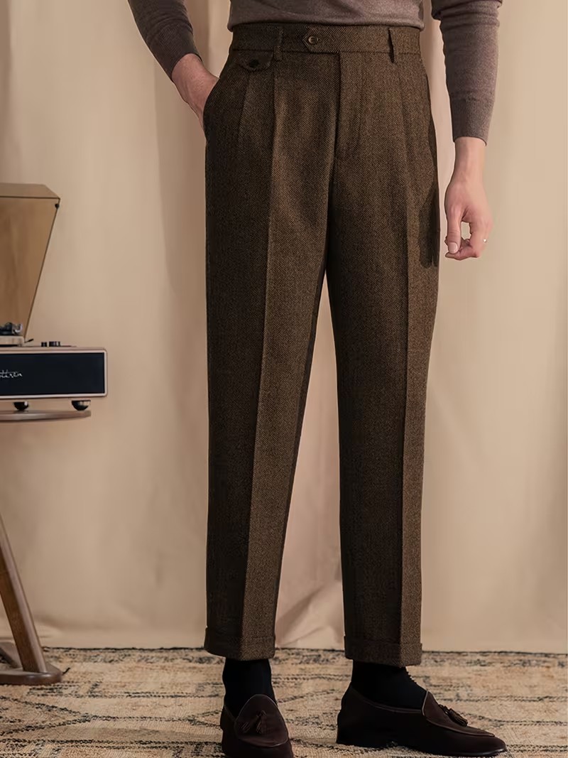 Mens Tweed Suit Pants Slacks Vintage Retro Herringbone Adjustable Waist Trousers