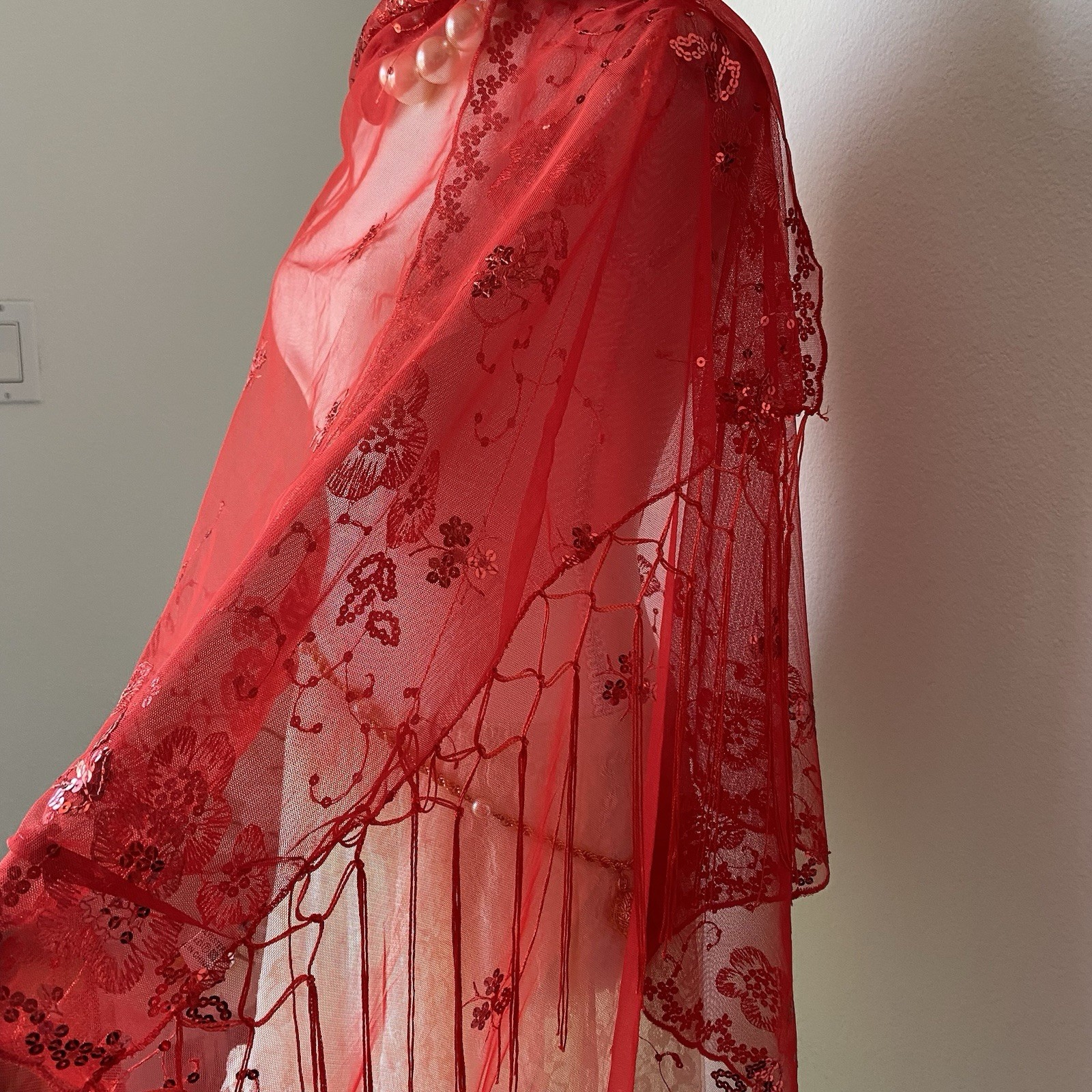 Red Mesh Sheer Shawl Floral Embroidered Sequin Fringe Women’s Scarf Whimsical