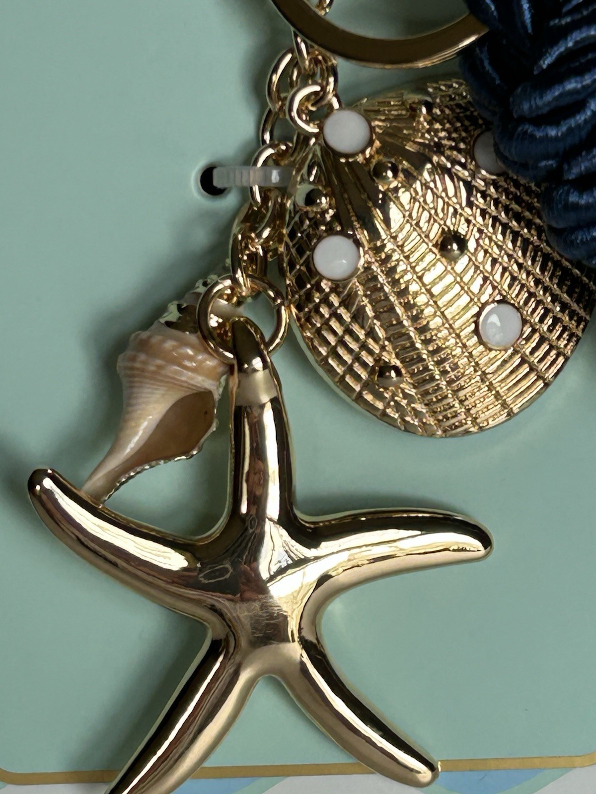 Piper K Seashell Starfish Clam Bag Charm Gold Navy Blue Keychain