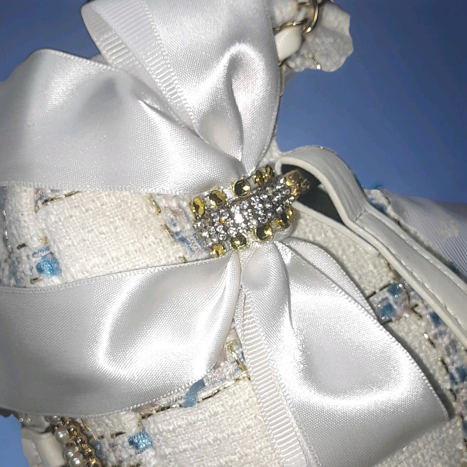New White Blue Tweed Shoulder Bag with Bow, Rhinestone, Pearl, Gold Handcrafted