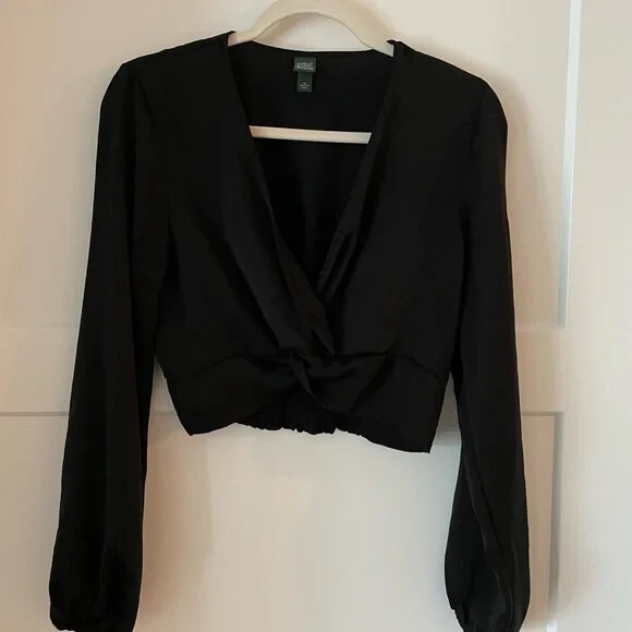 Wild Fable Long Sleeve Satin Low Cut Twist Front Cropped Top 2XL Free Ship NWT