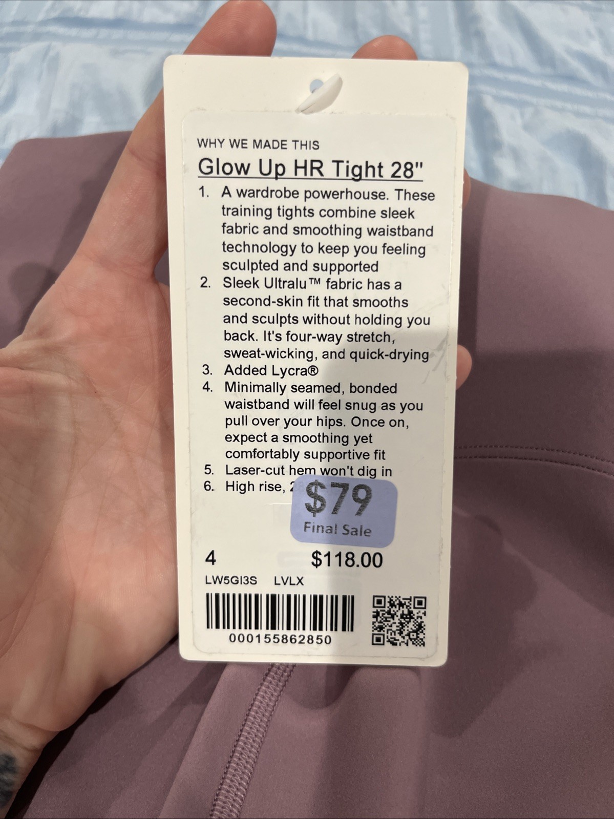 Women’s LULULEMON Glow Up HR SIZE 4 28in Inseam NWT lavender Lux