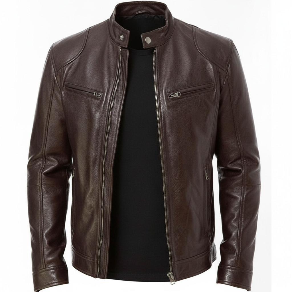 Men’s Brown Sheepskin Leather Jacket Cafe Racer Biker Real Soft Motorcycle Coat