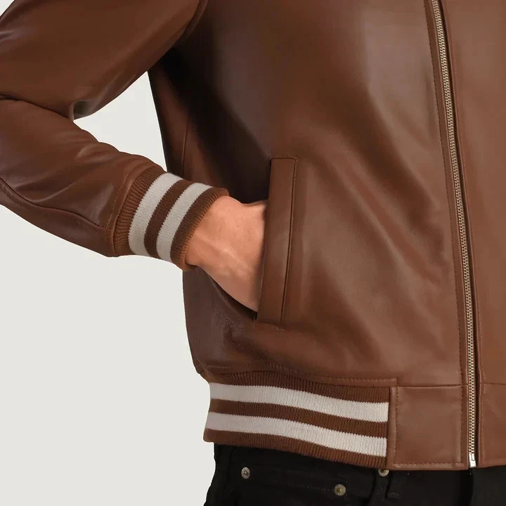 Men’s Brown Bomber RAF Jacket Real SheepSkin Leather Jacket Classic Varsity Coat