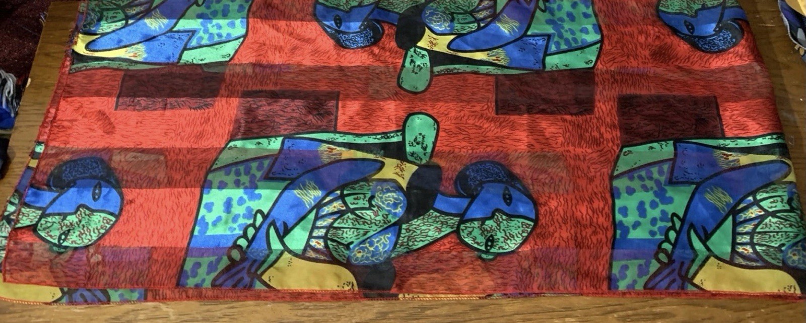 13.5″x60″ Picasso STYLE RED MULTICOLOR POLYESTER HANDROLLED SCARF SHAWL WRAP