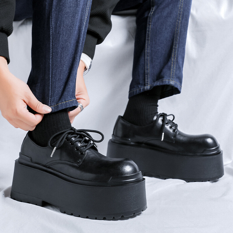Men’s Chunky High Heel Platform Leather Shoes Creeper Round Toe Causal Lady 2026