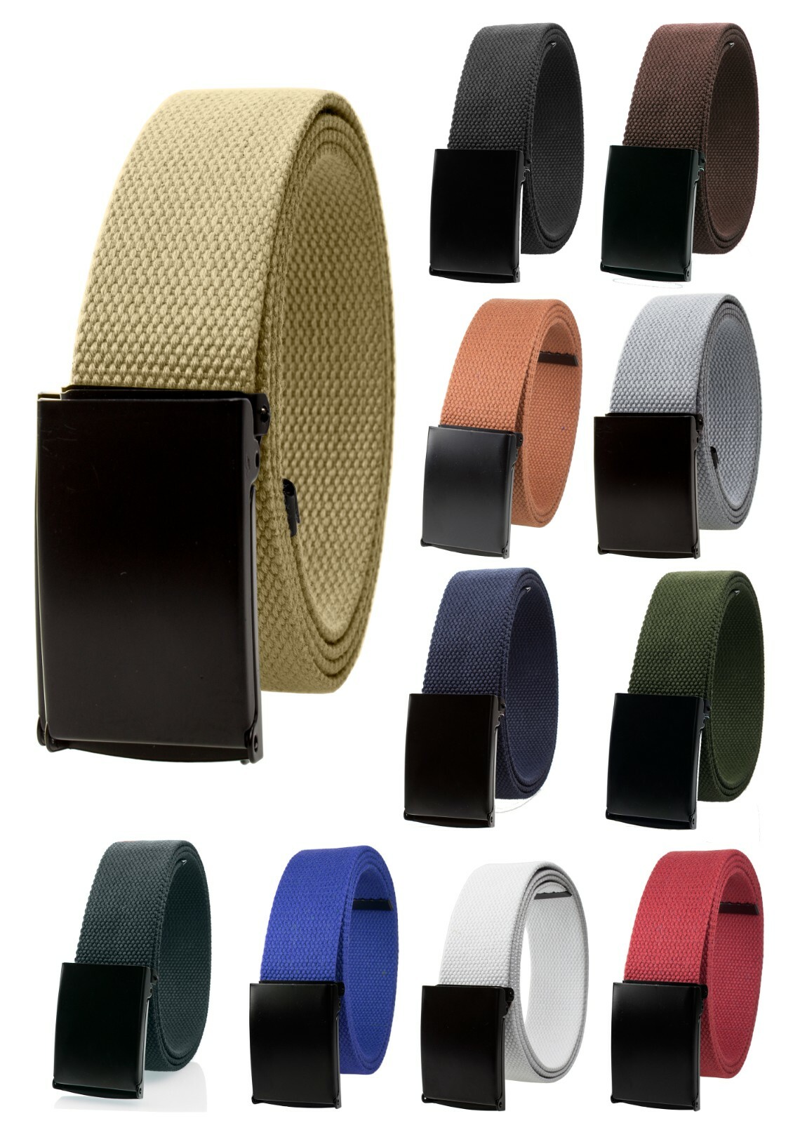 Unisex Fully Adjustable Canvas Web Belt with Black Flip Top Buckle 50” Long