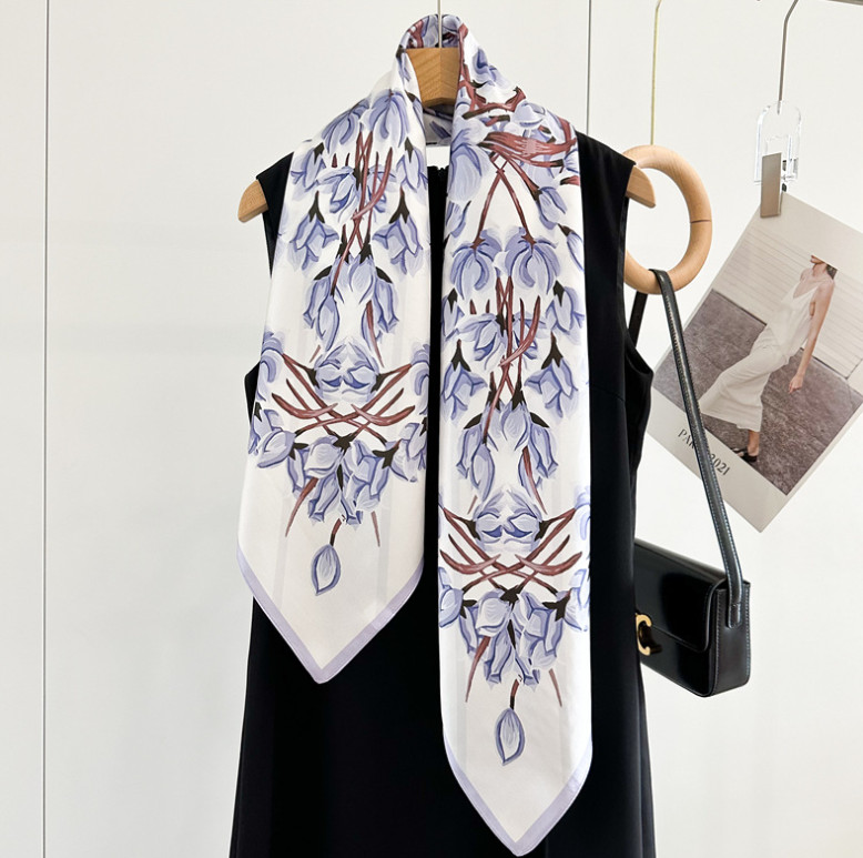 100% Silk Mulberry 35” Scarf For Women Neckerchief Wrap Flower branches Print
