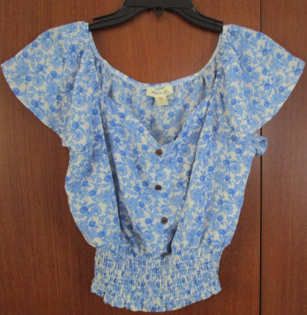 Monteau Peasant Cropped Top Smocked Hem Medium Polyester Spandex Bust 35 L 18