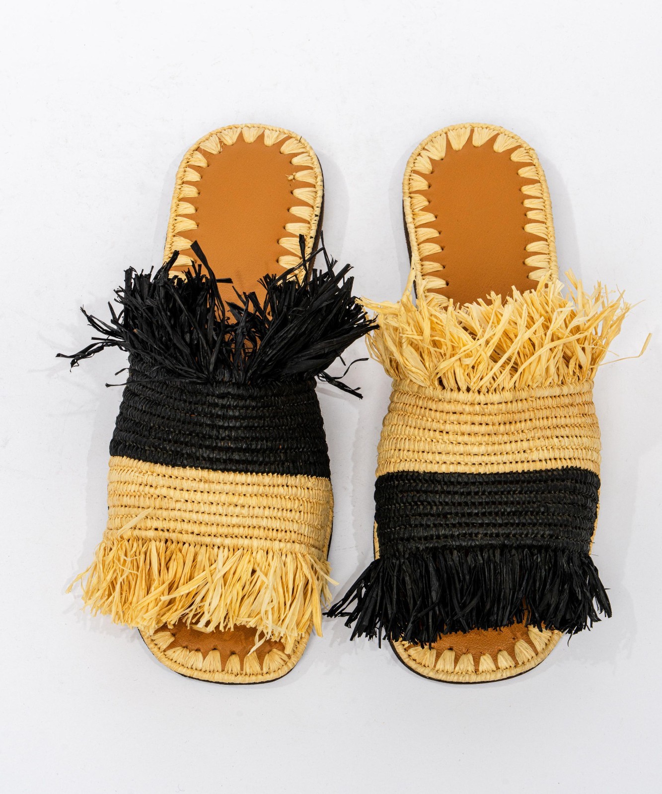 Handmade Moroccan Raffia Slide Sandals Women’s Fringe Natural Black Leather Sole