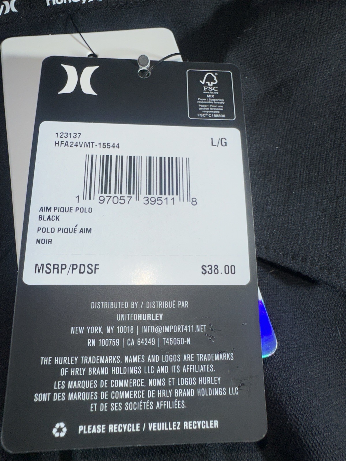 NEW Men’s Hurley Performance Essentials Black Pique Polo Size Large MSRP $38.00
