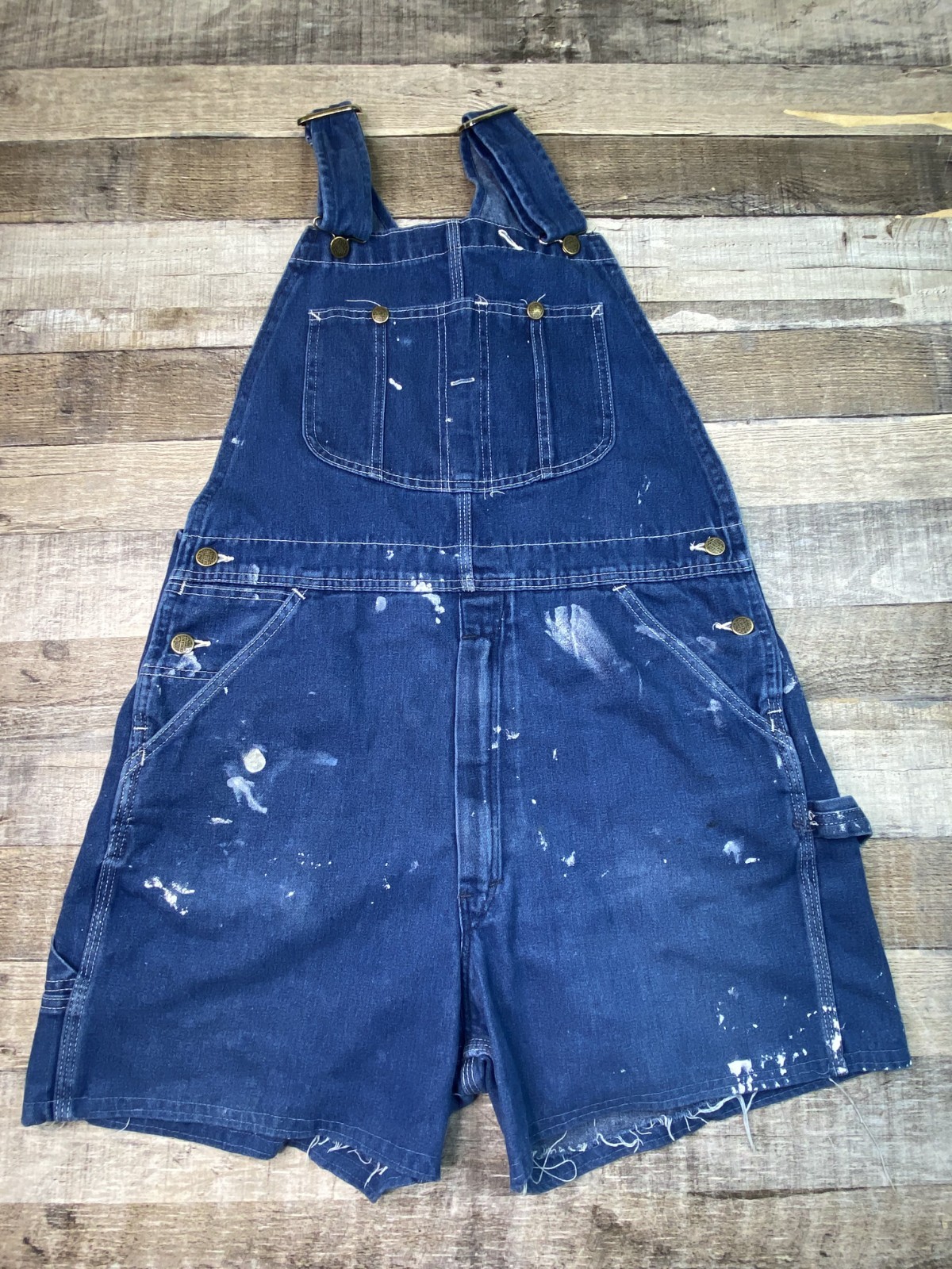 Vintage Sears Denim Jean Overalls Cut Off Shortalls Womens L Carpenter Paint 90s