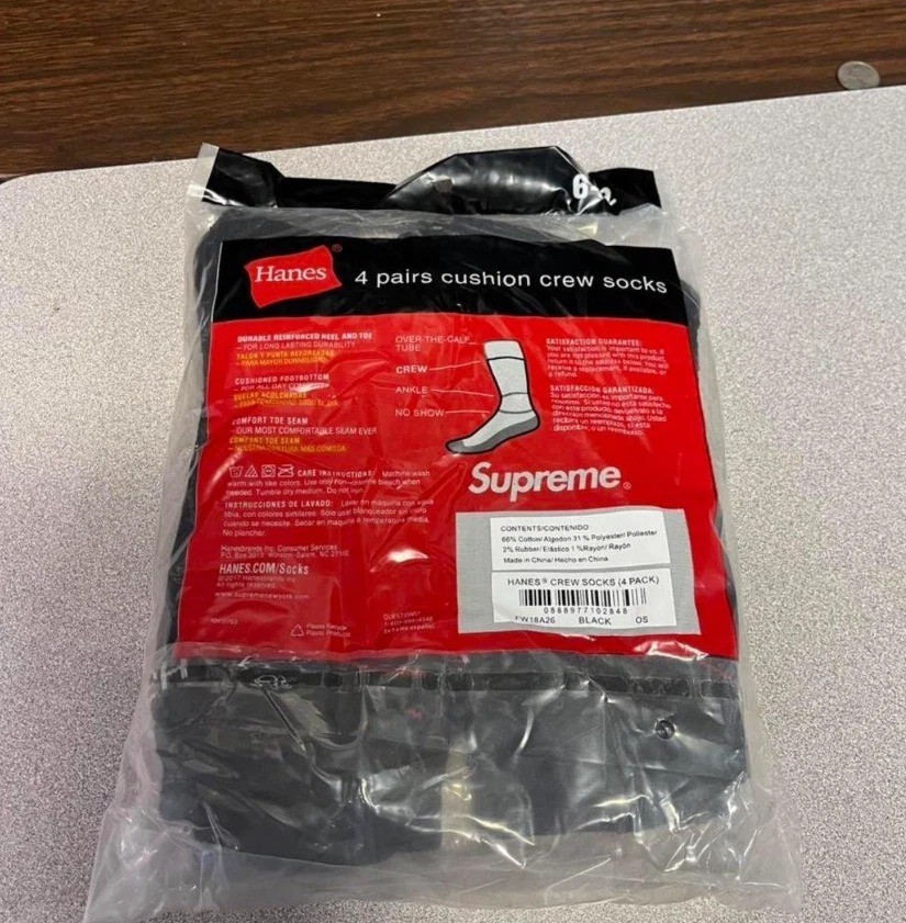 Supreme Hanes Black Crew Socks 4 Pack Men’s Size 6-12 New Sealed
