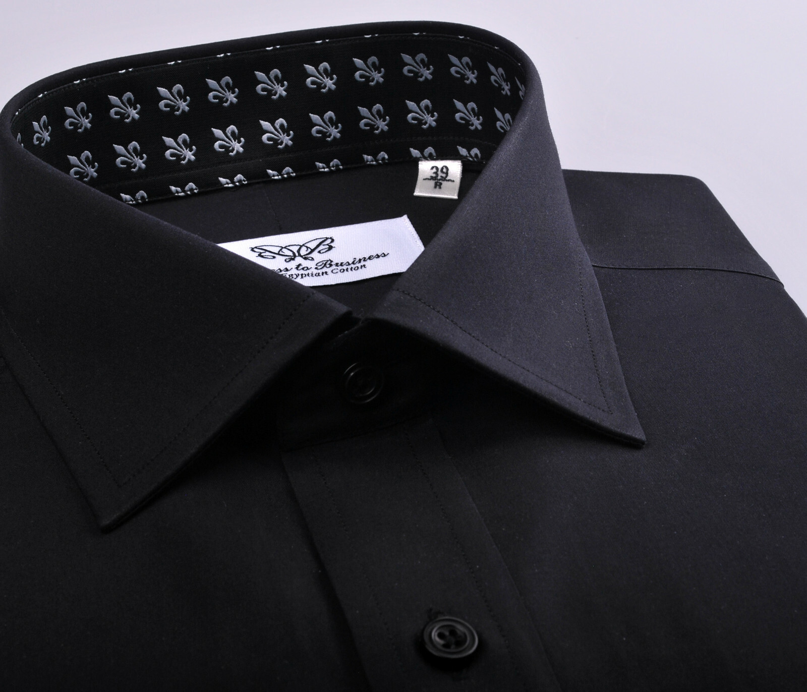 Sexy Pure Black Poplin Formal Dinner Event Dress Shirt Fluer-De-Lis Inner Lining