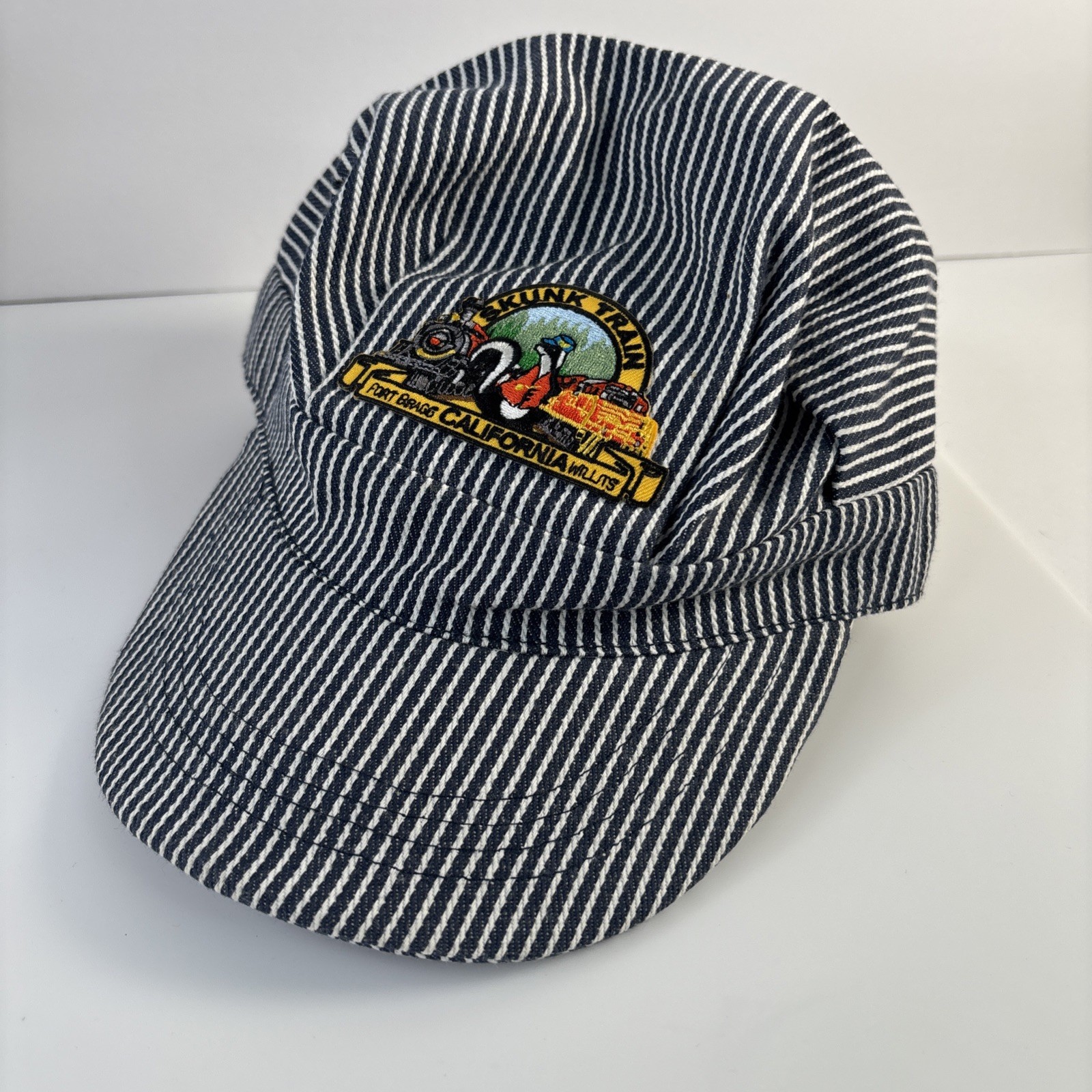 Vintage Skunk Train Fort Bragg Willits Blue Stripe Conductor Hat Adult Cap
