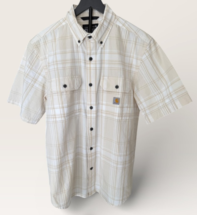 Carhartt Shirt Mens M Beige White Outdoor Button Up Loose Fit Plaid Work Shirt