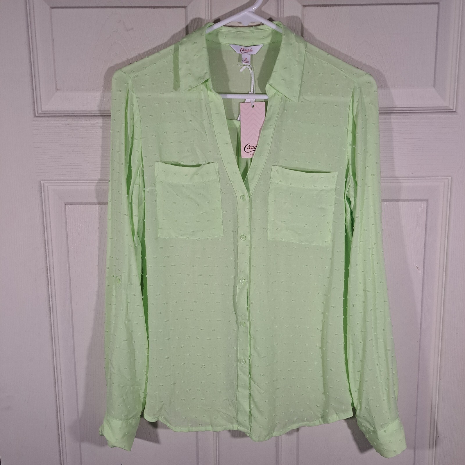 Candies Button Up Shirt Womens Size XS Green Cuffed Textured Sheer NWT $38.00