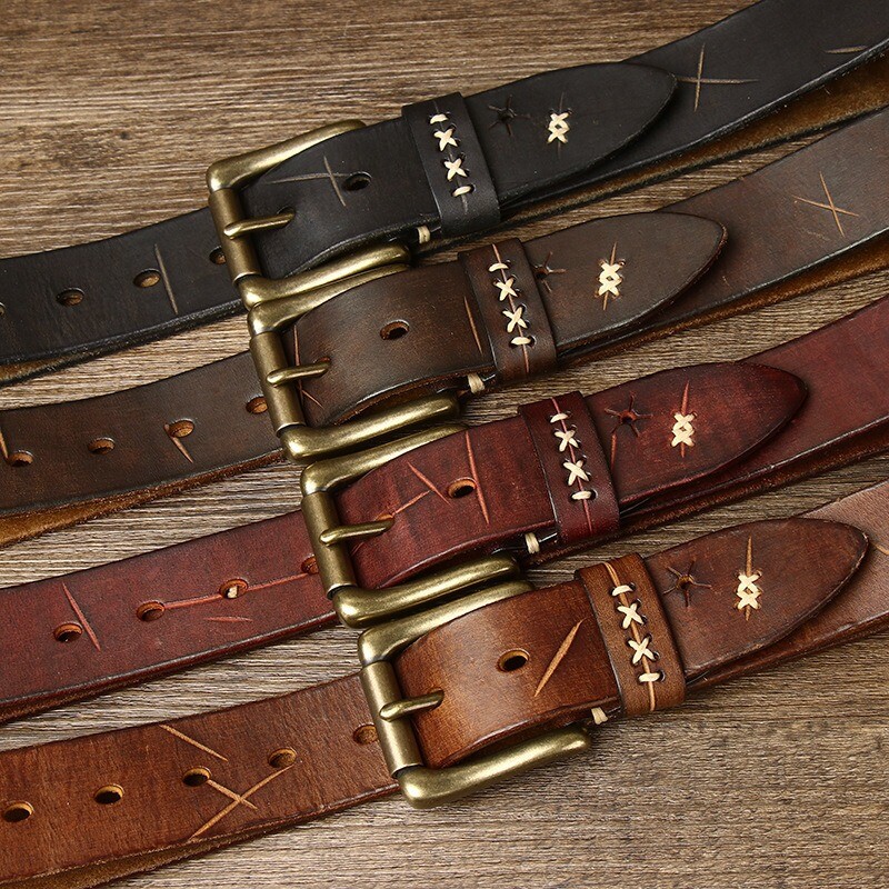 3.8CM Men High Quality Genuine Leather Belt Pin Buckle Cowskin Vintage Strap