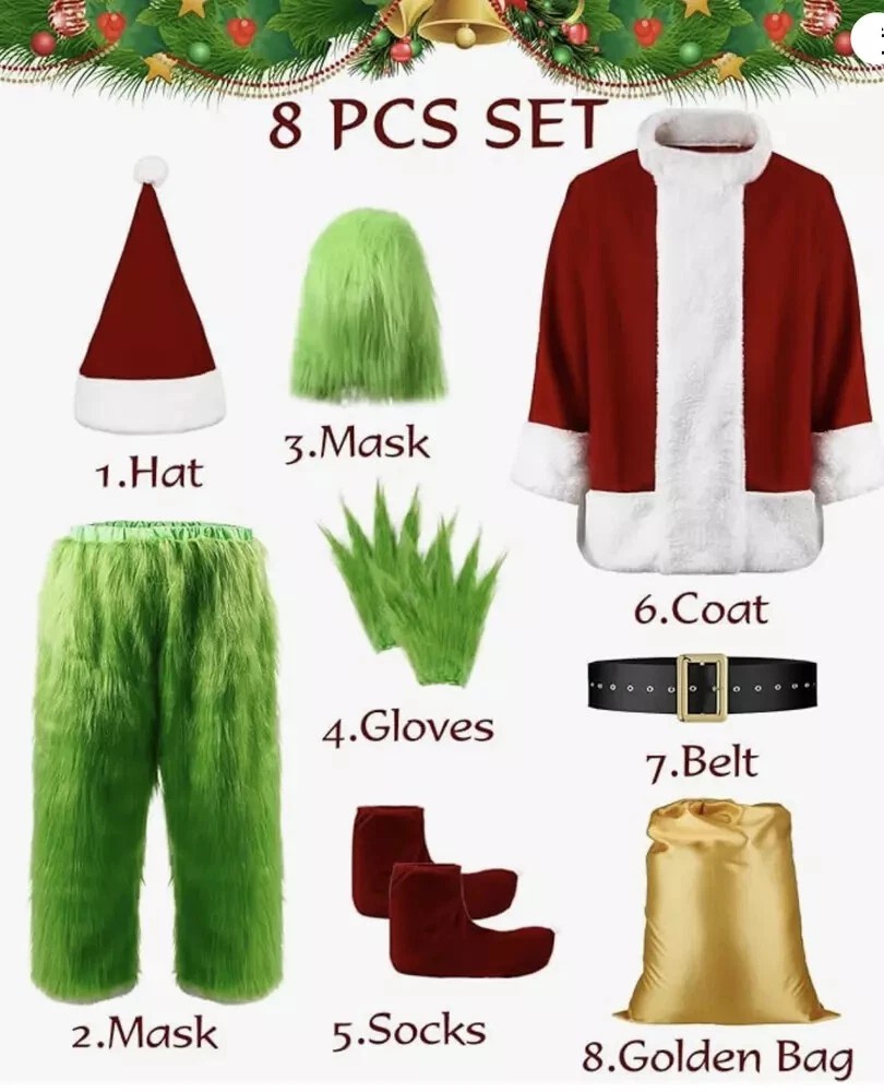 Christmas The Grinch Complete Costume Santa Claus Costume Adult (SIZE: L- 2XL).