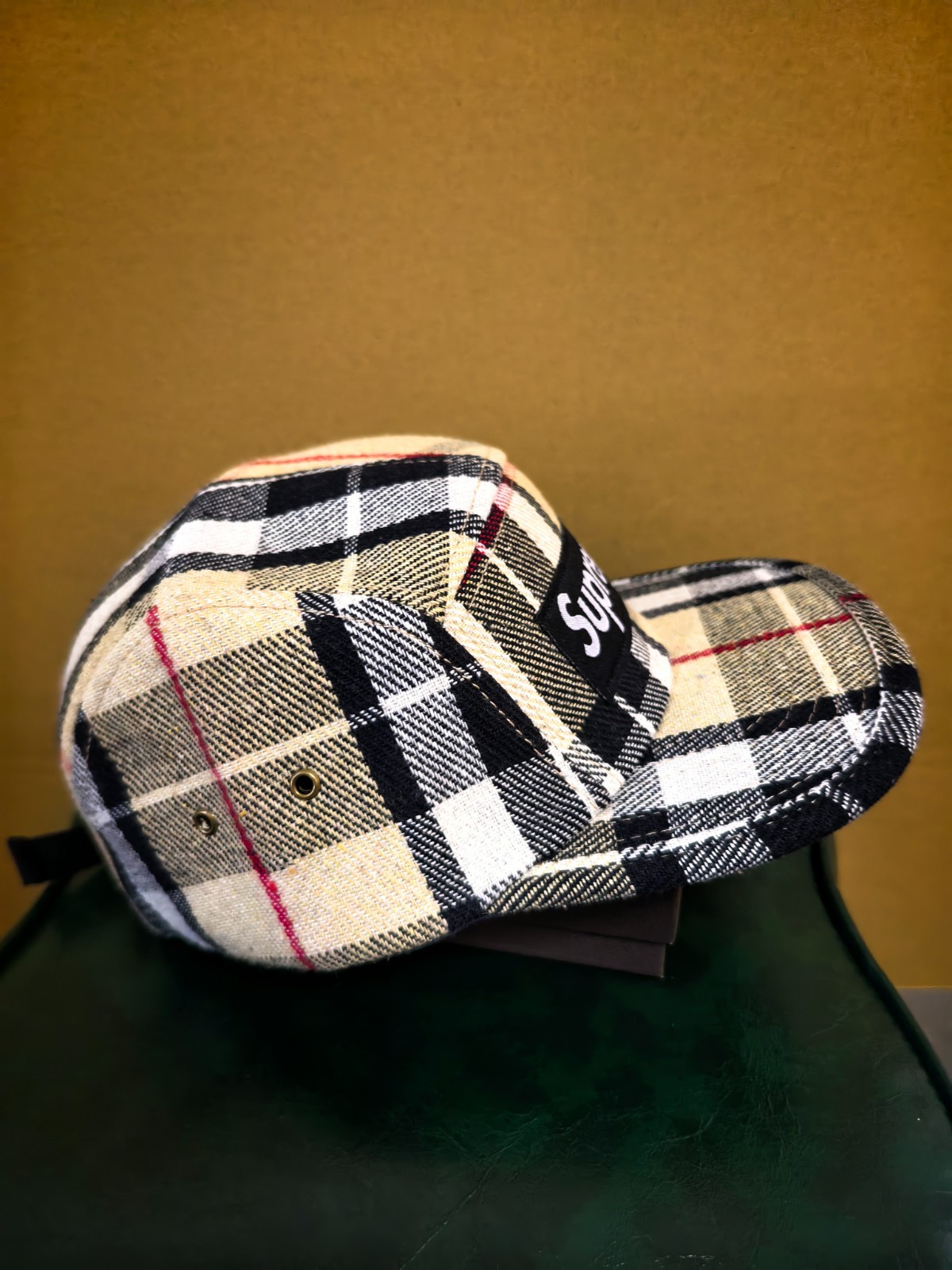 Supreme Beige Plaid Camping Cap Outdoor Sports Leisure Adjustable Baseball Cap