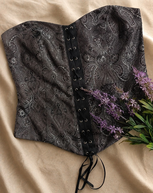 Orsay Black Silver Paisley Strapless Corset Bustier Top Lace-Up Boned Zipper