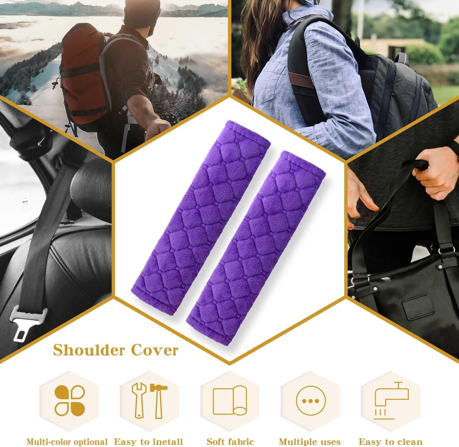 Plush Car Seat Belt Pads, Set of 2 Soft Cushions for Comfortable Color: purple