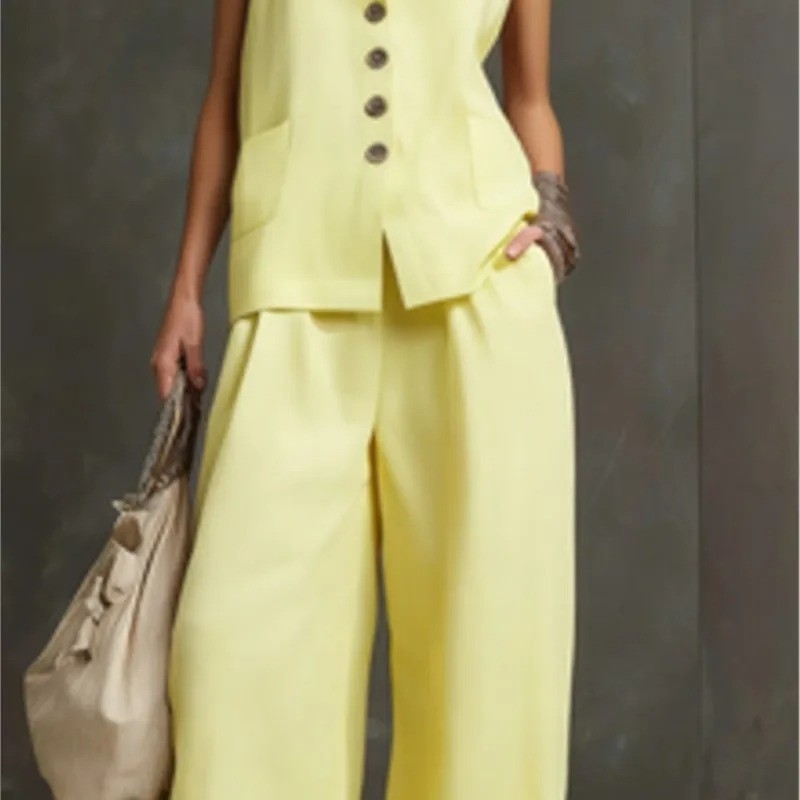Women Solid Buttons Vest + Pocket Wide-leg Pants Suit Women Casual Two Piece Set