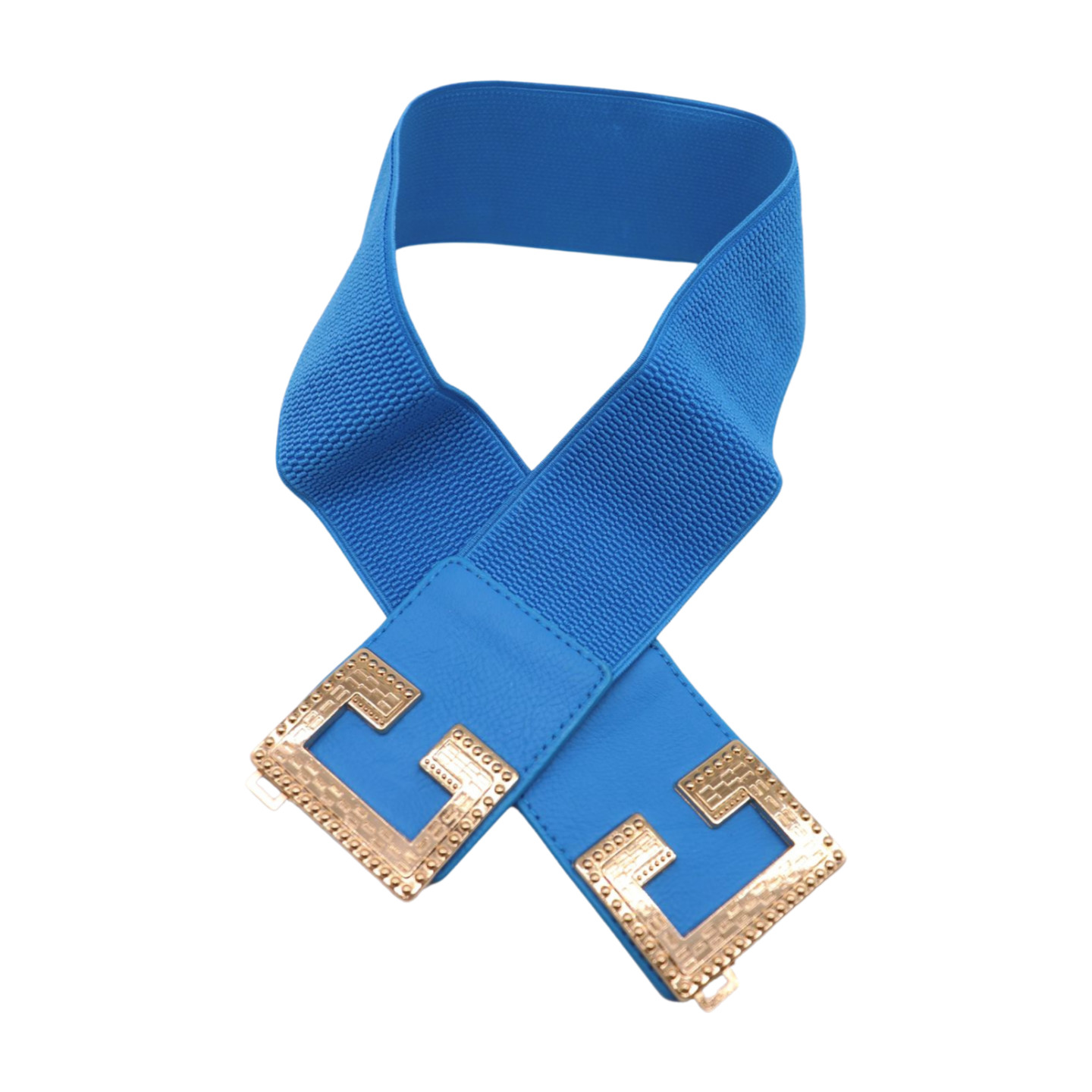 Women Blue Elastic Wide Fashion Belt Hip High Waist Gold Metal C Buckle Size S M