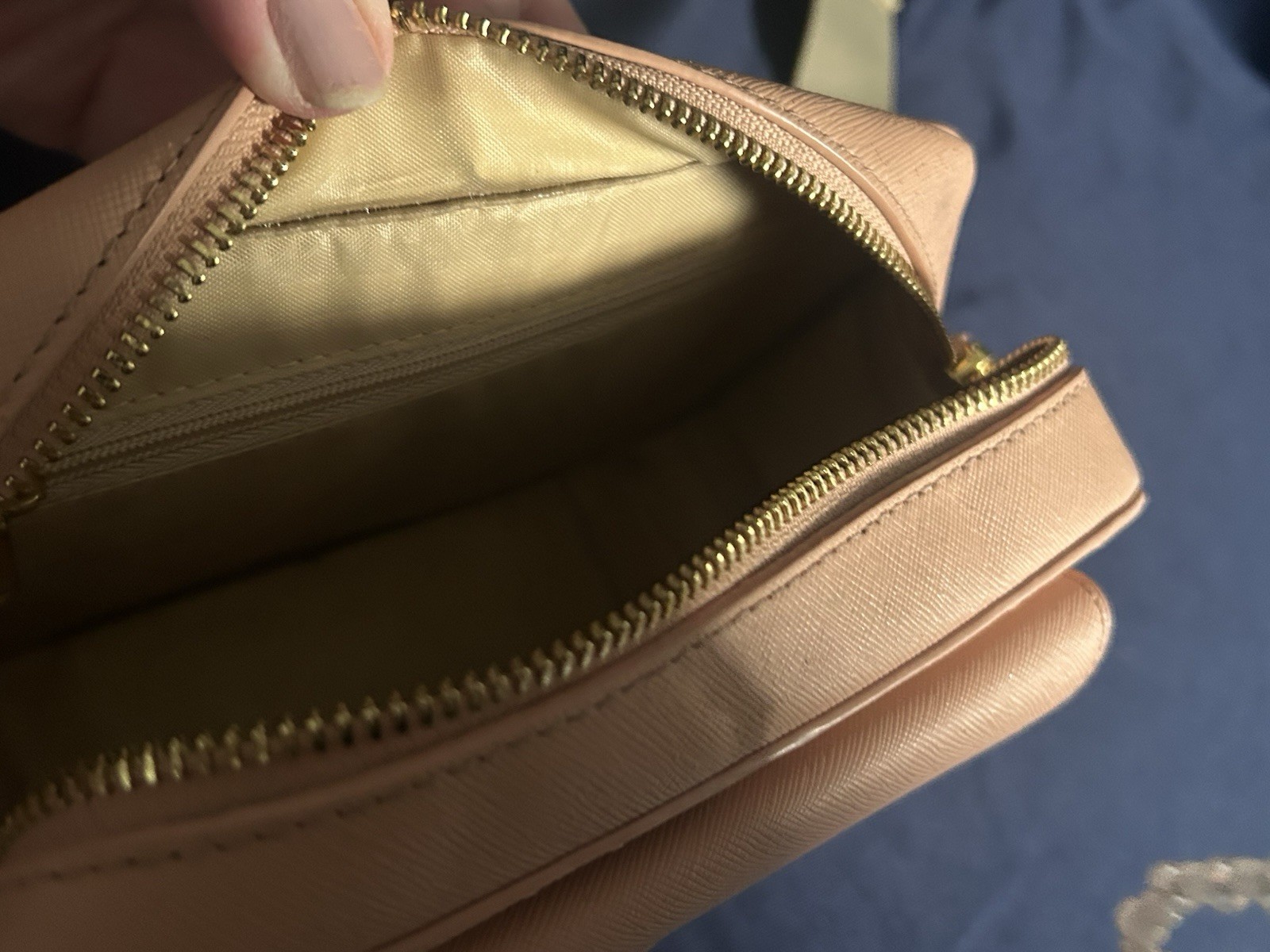 Women’s Beige Small Crossbody Bag Zip, Gold Hardware, Detachable Strap