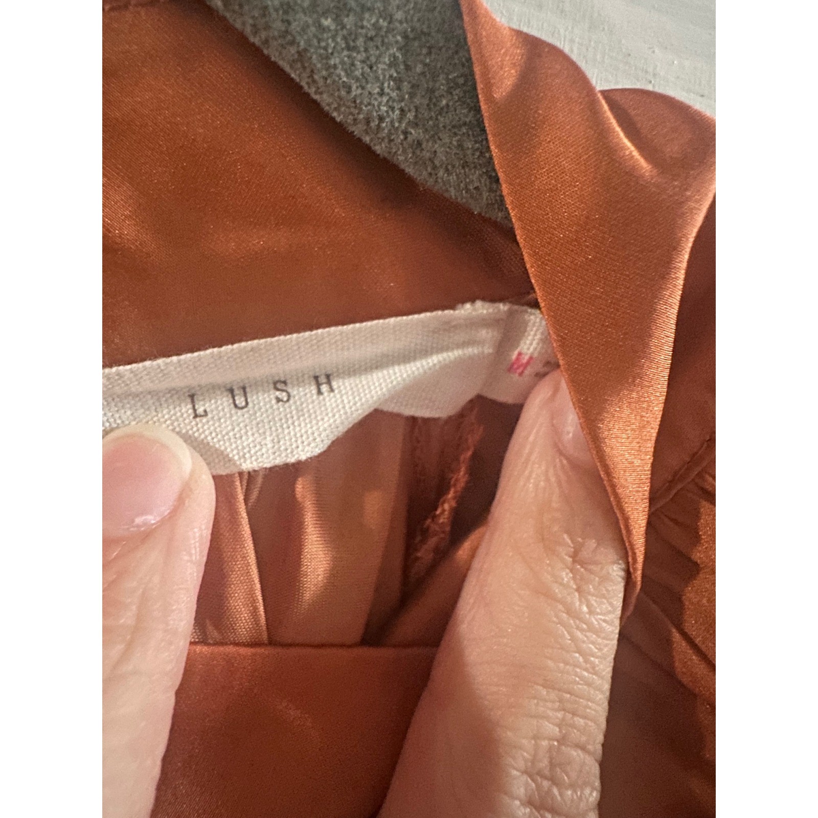 Lush Clay Orange Satin Mock Neck Blouse Long Sleeve Pleated Top Medium Fall