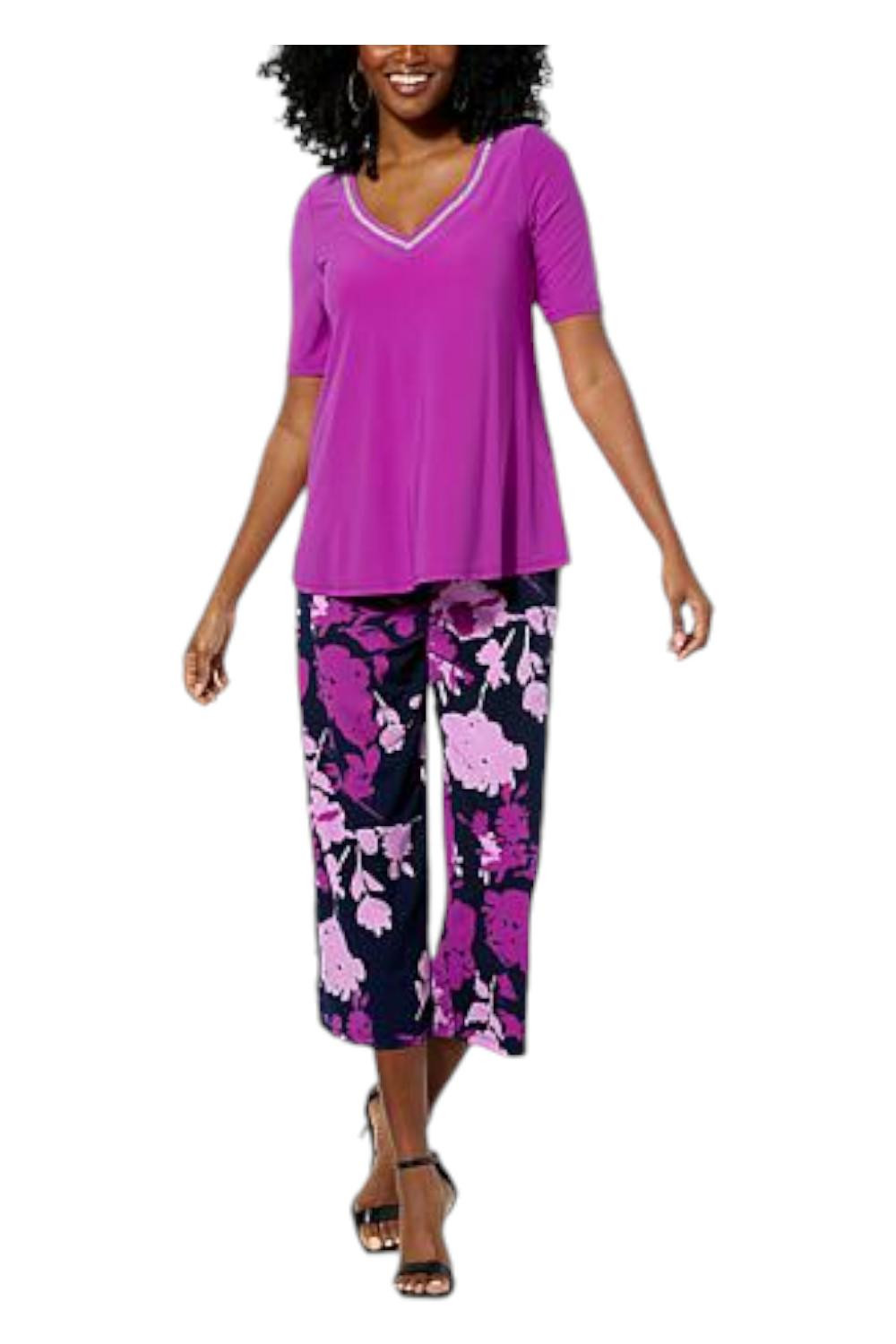 Nina Leonard 2-piece Embellished Tunic & Printed Culotte Pant Set Violet