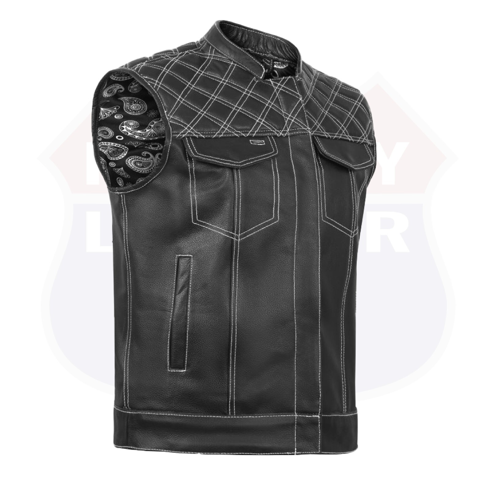 HL11693SPTWHT WHITE Black Men Cross Stitch Club Leather Vest