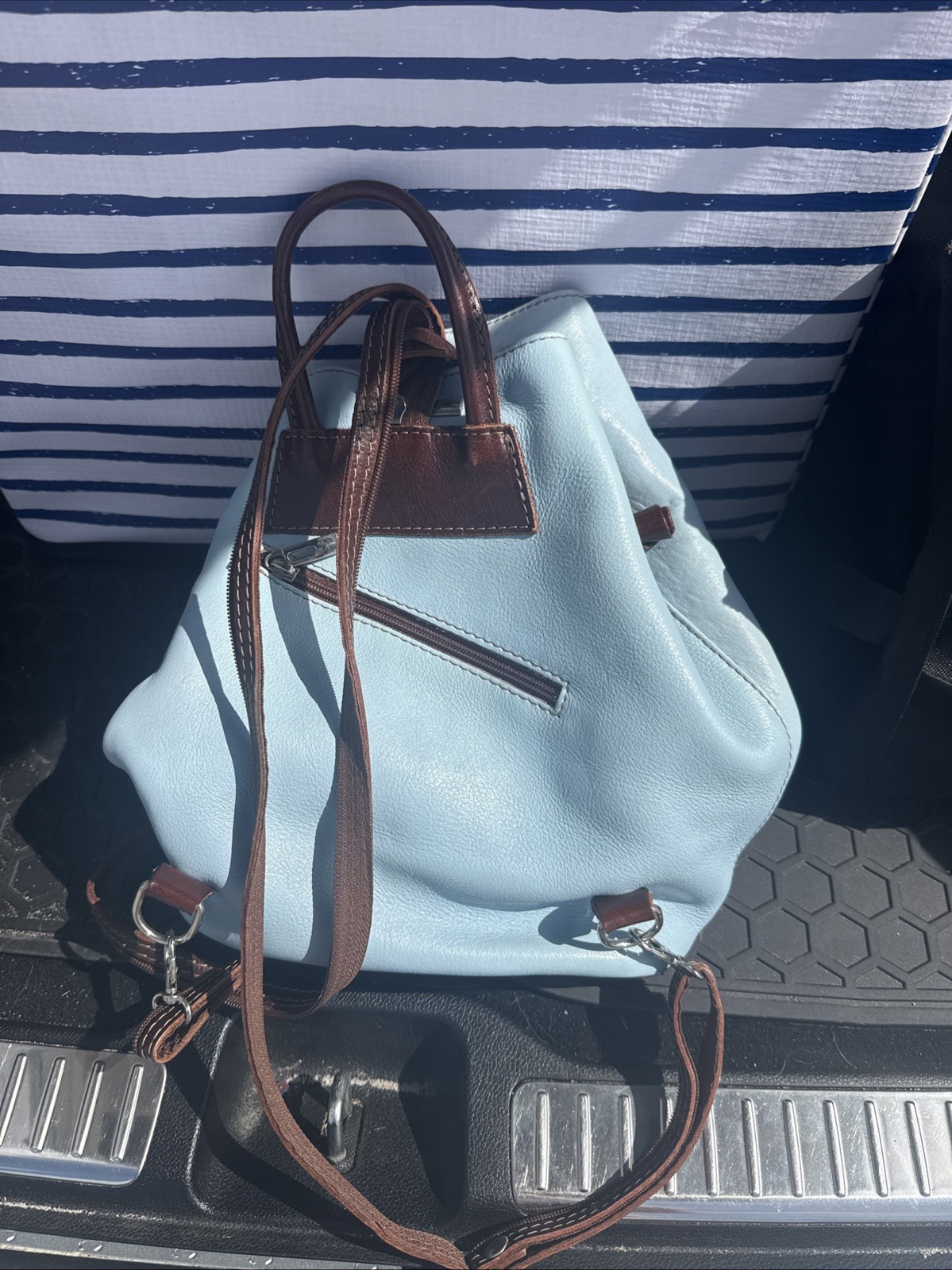 Vera Pelle Italian Leather Bag Blue And Brown Pre Owned Made In Italy Authentic