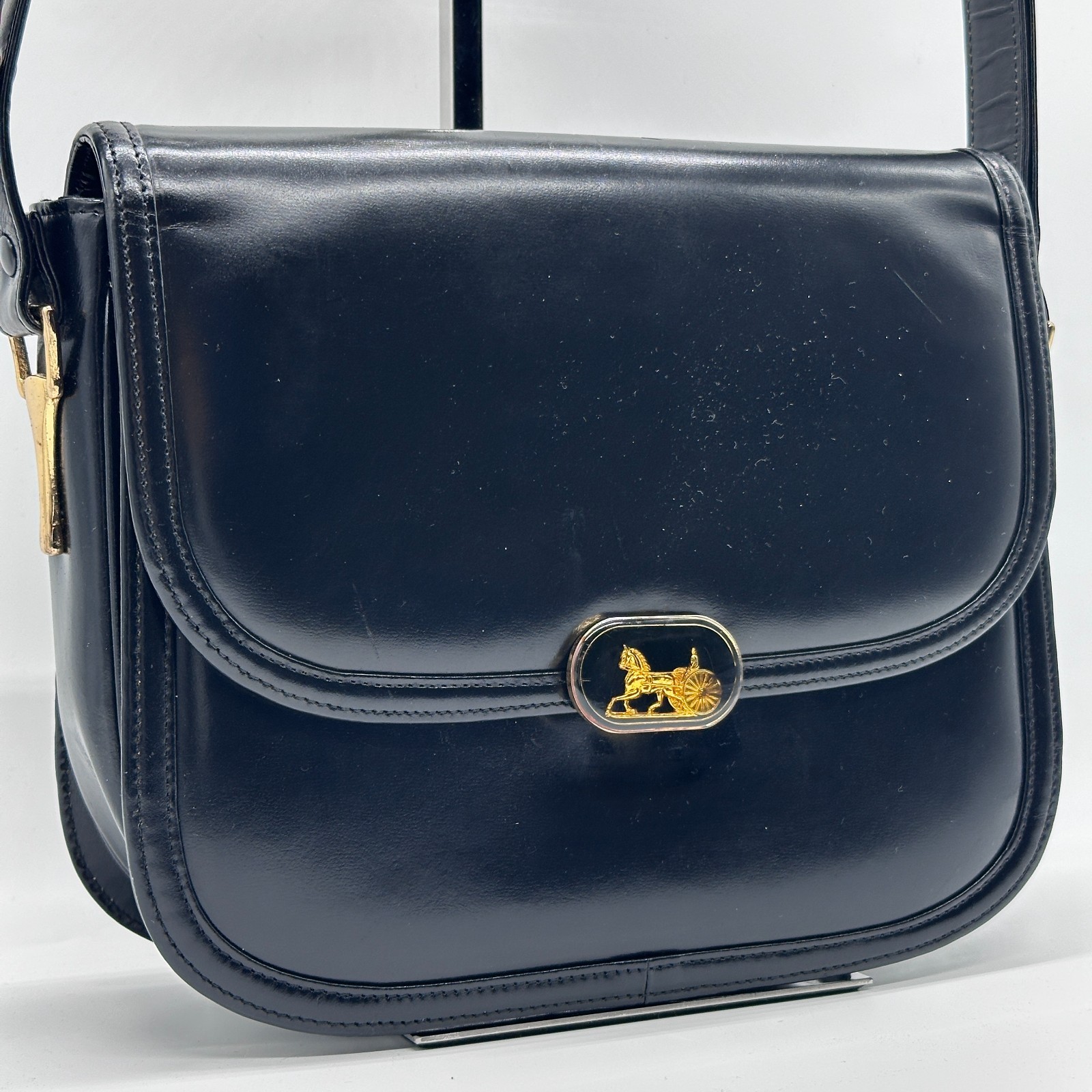 CELINE Shoulder Bag Handbag Horse Black Leather Carriage Purse Vintage Authentic
