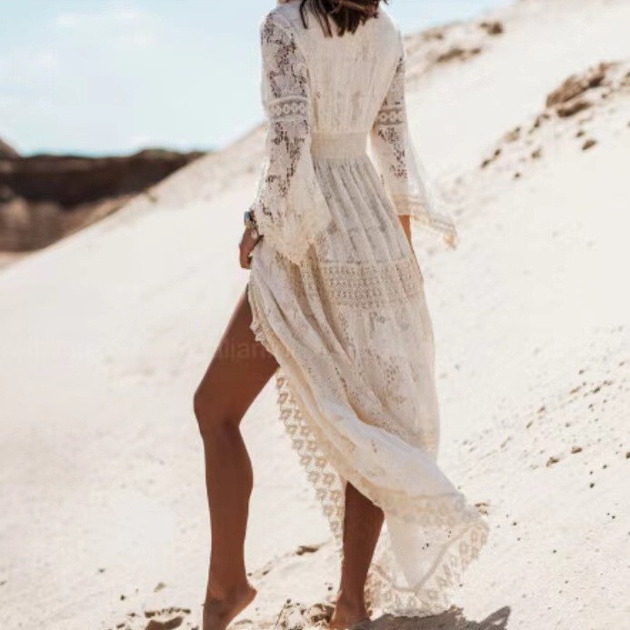 Women’s Boho Maxi Lace V Neck Flare Sleeve Dress Summer Party Beach Sundress
