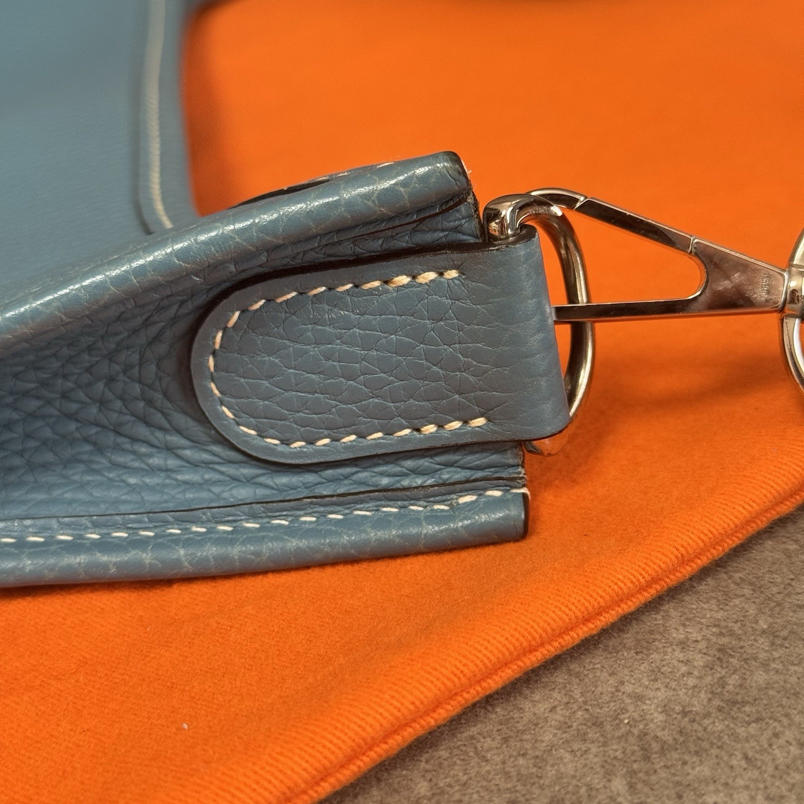 HERMES Evelyne PM Taurillon Clemence Blue Jean Crossbody Bag
