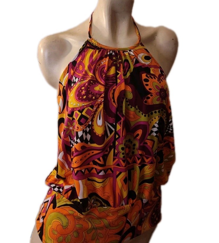 Vintage A buyer Halter Top Size Sm USA Psychedelic Floral Paisley Boho Hippie