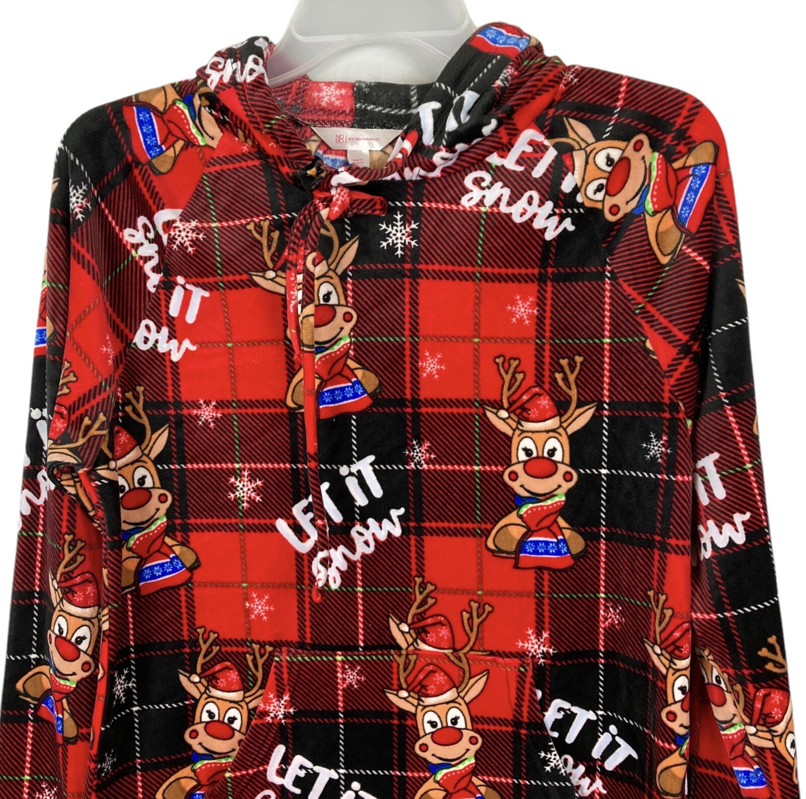No Boundaries Jr. Girls Oh Reindeer Plush Hooded Pullover Rudolph Buffalo Plaid
