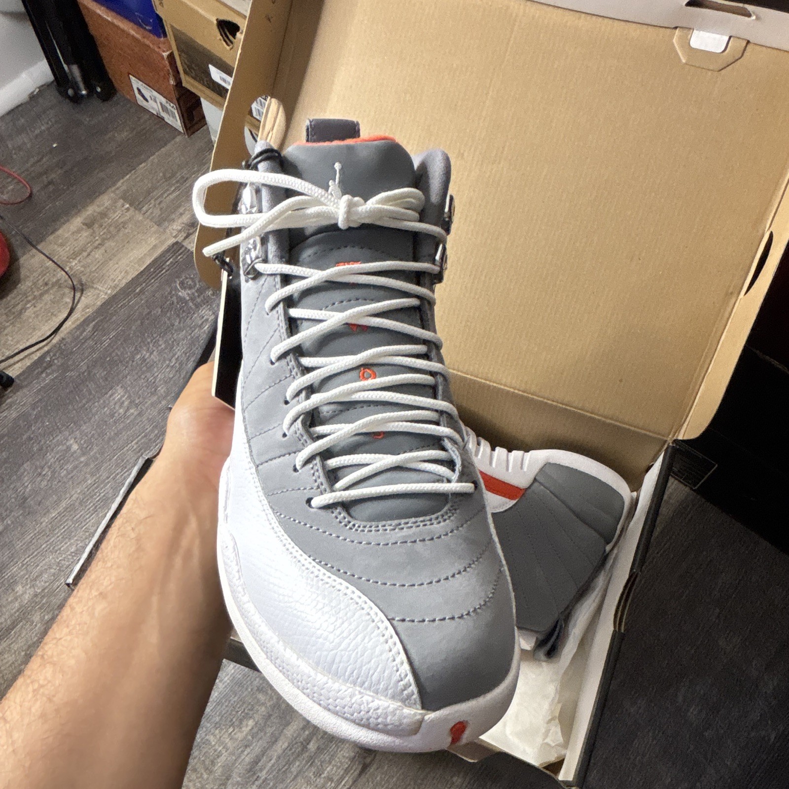Jordan Air Jordan 12 Retro GS Cool Grey/White/Orange Leather High Top 7.5Y