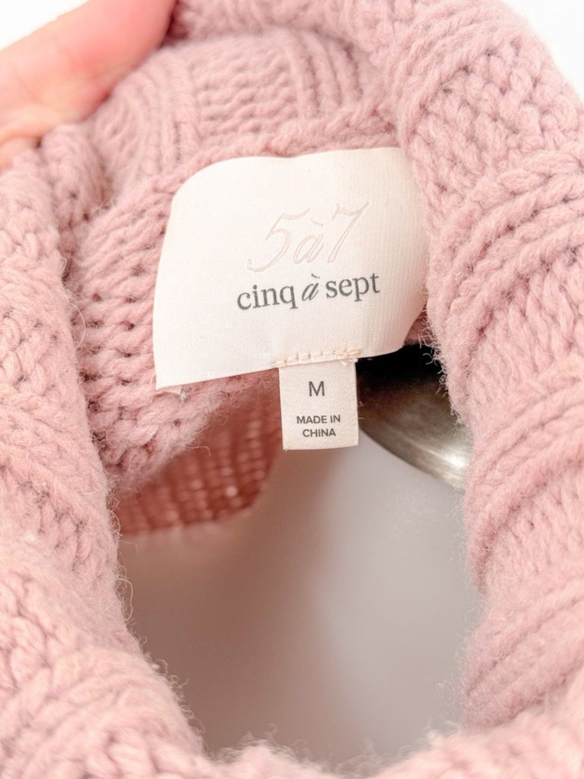 cinq a sept Dusty Pink Cable Turtleneck Sweater with Contrast Trim