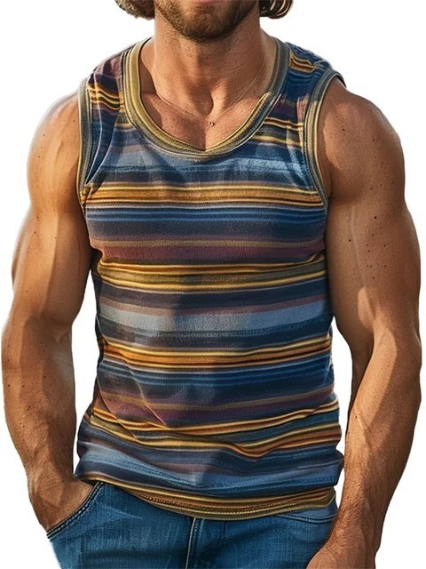 Men’s Striped Gym Tank Top Summer Beach Muscle Sleeveless Shirt Casual Vest S-6X