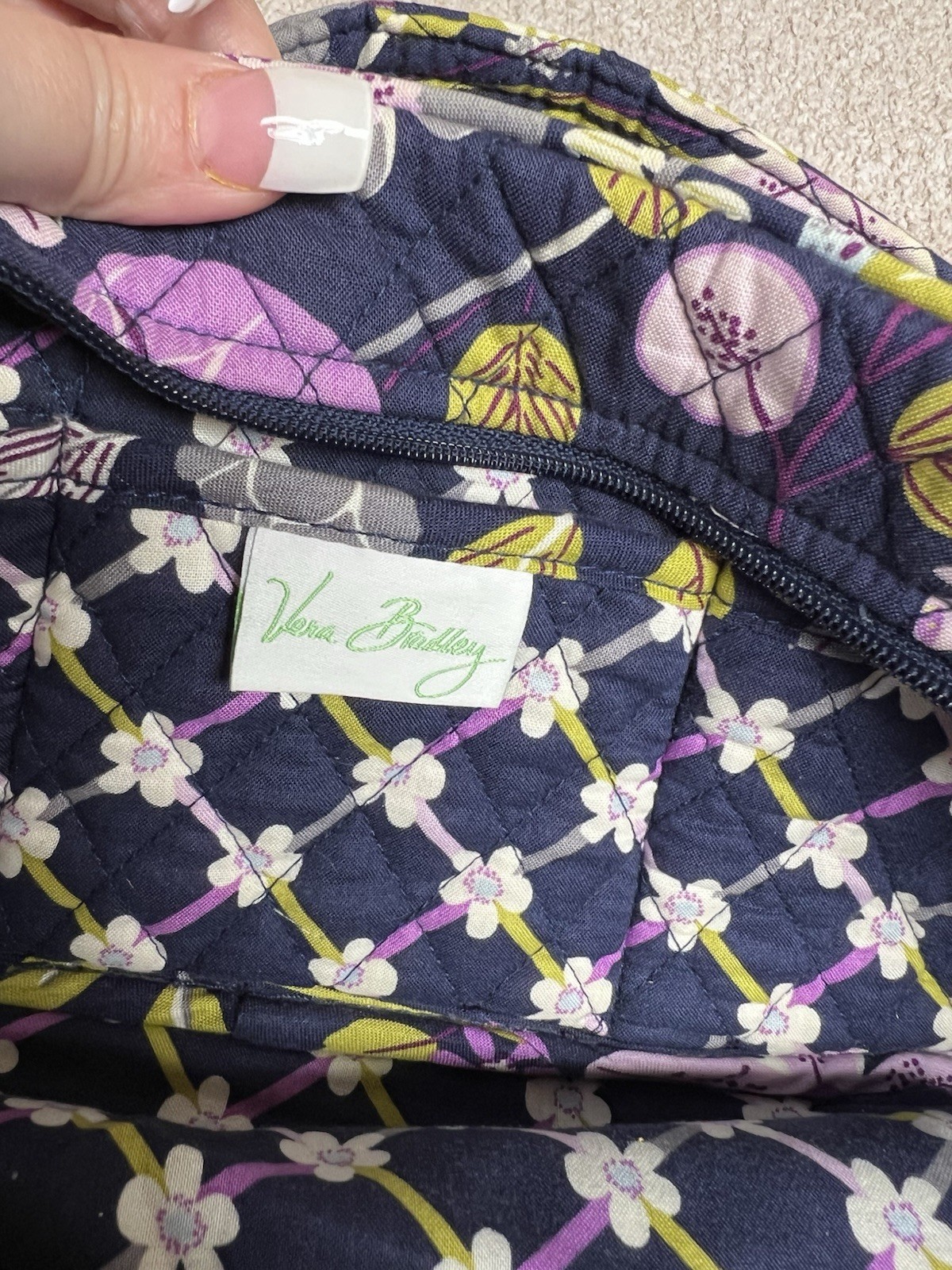 Vera Bradley Navy Floral Shoulder Bag Purse Zip Closure Bag Charm Inner Pockets