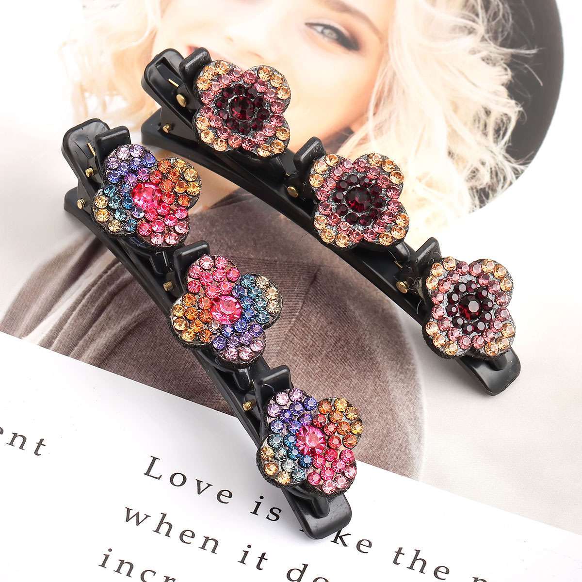 4PCS Sparkling Crystal Stone Double Bangs Satin Fabric Braided Hair Clips Bands