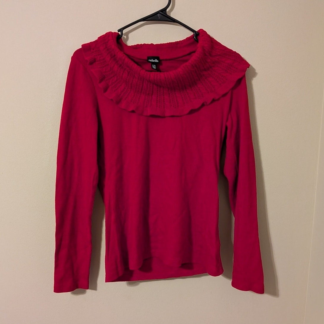 Rafaella Red Oullover Sweater With Ruffled Cowl Neck Collar
