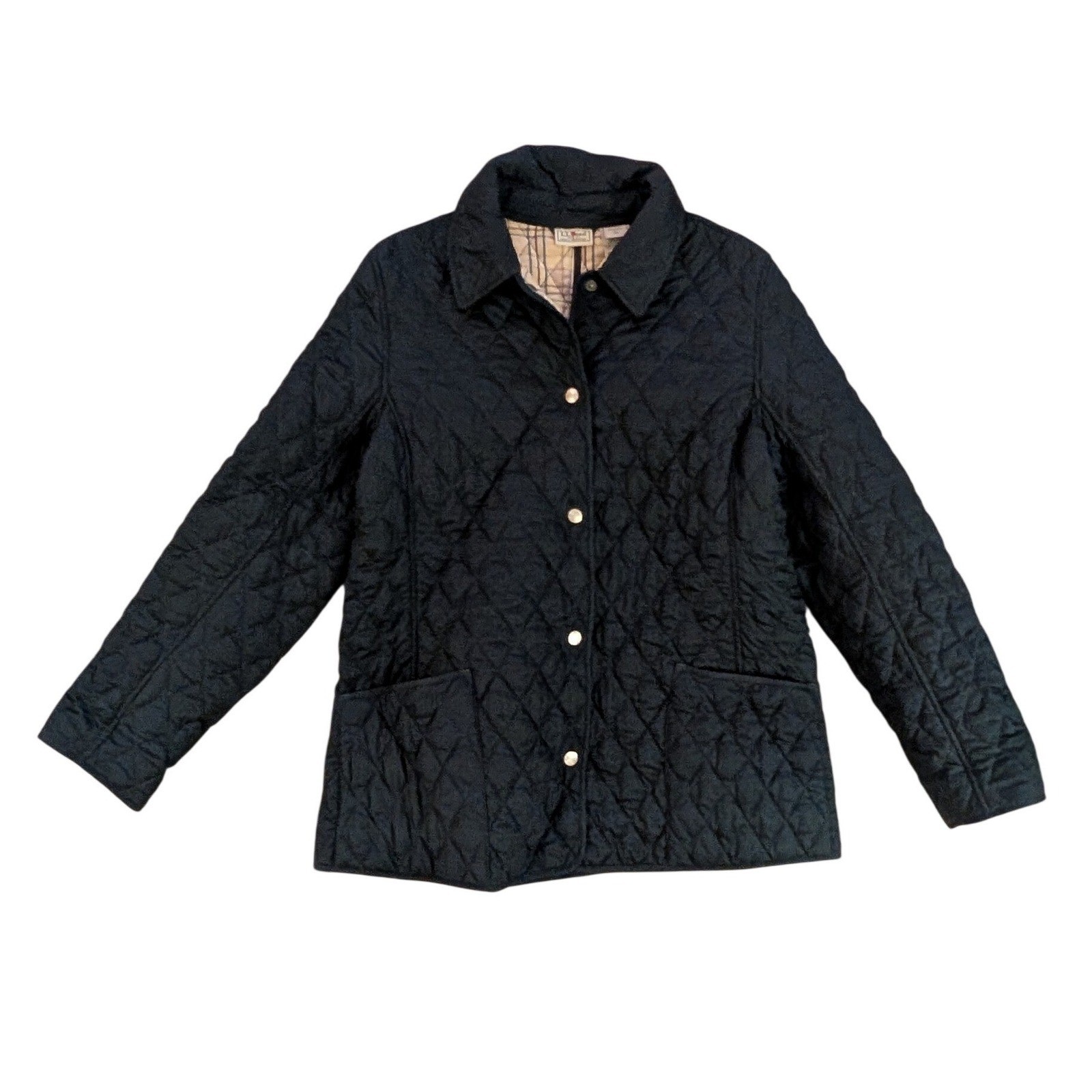 L.L. Bean Women’s Navy Quilted Barn Jacket Plaid Lined Snap Front Coat- L