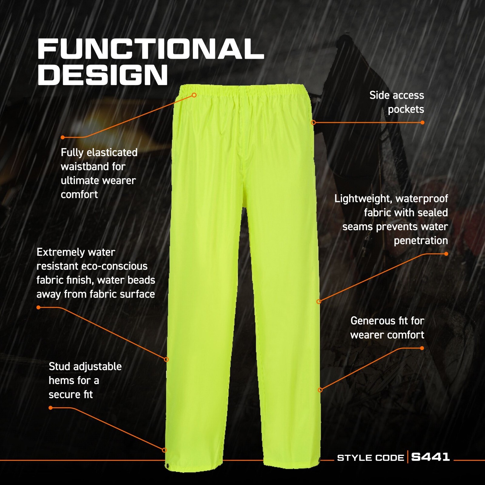 Portwest S441 Mens Waterproof Rain Pants Lightweight Adjustable Safety Overpants