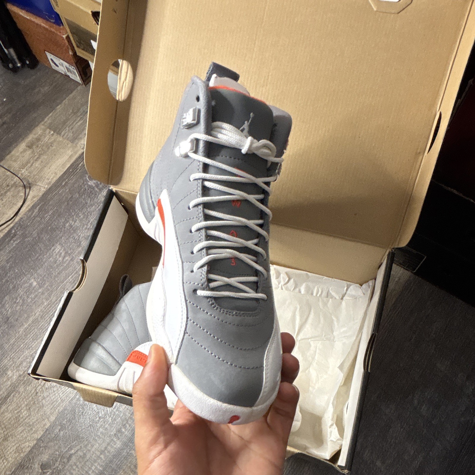 Jordan Air Jordan 12 Retro GS Cool Grey/White/Orange Leather High Top 7.5Y