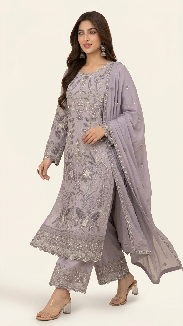 Women Lavender Embroidered Silk 3 Piece Suit-Chiffon Dupatta-Pakistani Ethnic