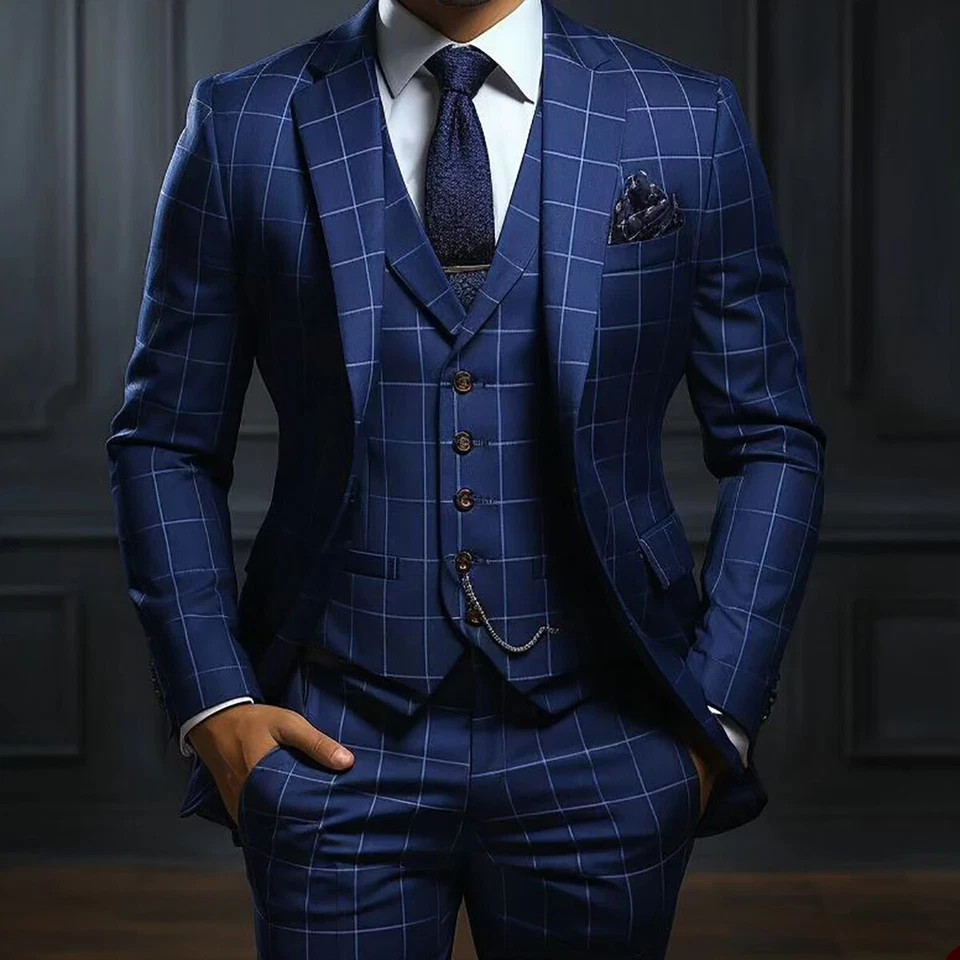 Men’s Suits for Man Striped Regular Fit Wedding Formal Checked Business 3Pcs